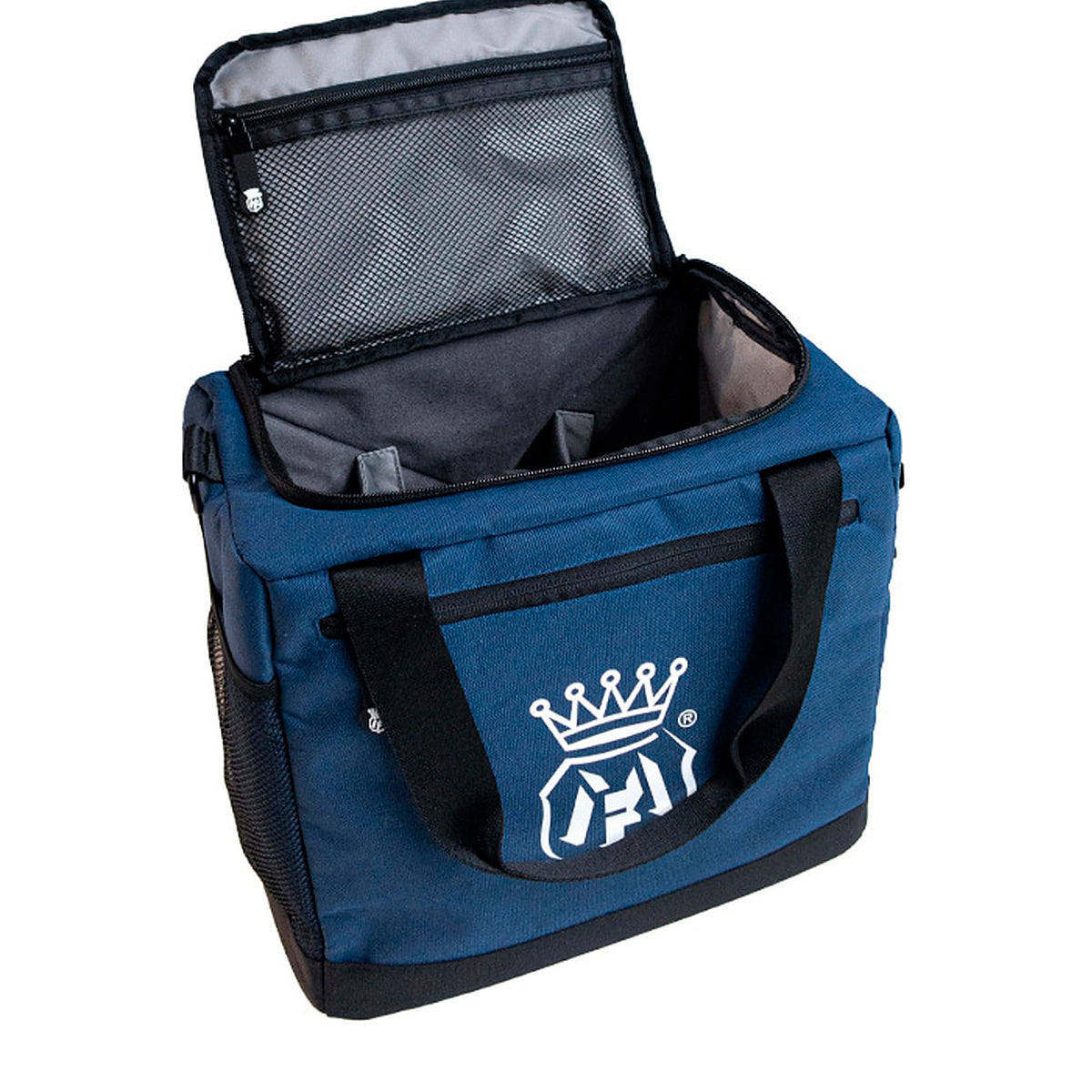 A blue cooler bag with black trim and handles, shown open to reveal its interior. The front features a white printed logo of a crown above a shield with the letters 'CF'.