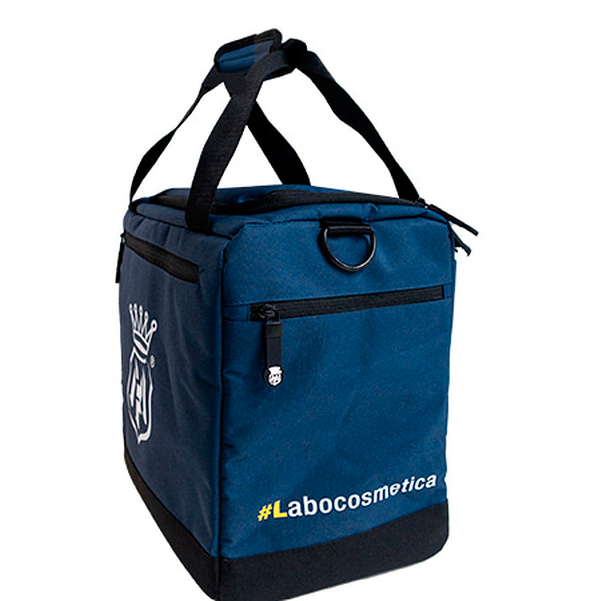 A navy blue soft-sided cooler bag with black handles, a front zippered pocket, and white printed branding including a crown logo and the text '#Labocosmetica' on a white background.