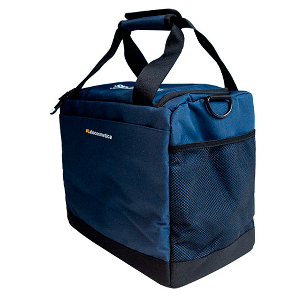 A dark blue and black insulated cooler bag with a top handle, zippered top, mesh side pocket, and a visible Kuvings logo on the front, shown on a plain white background.