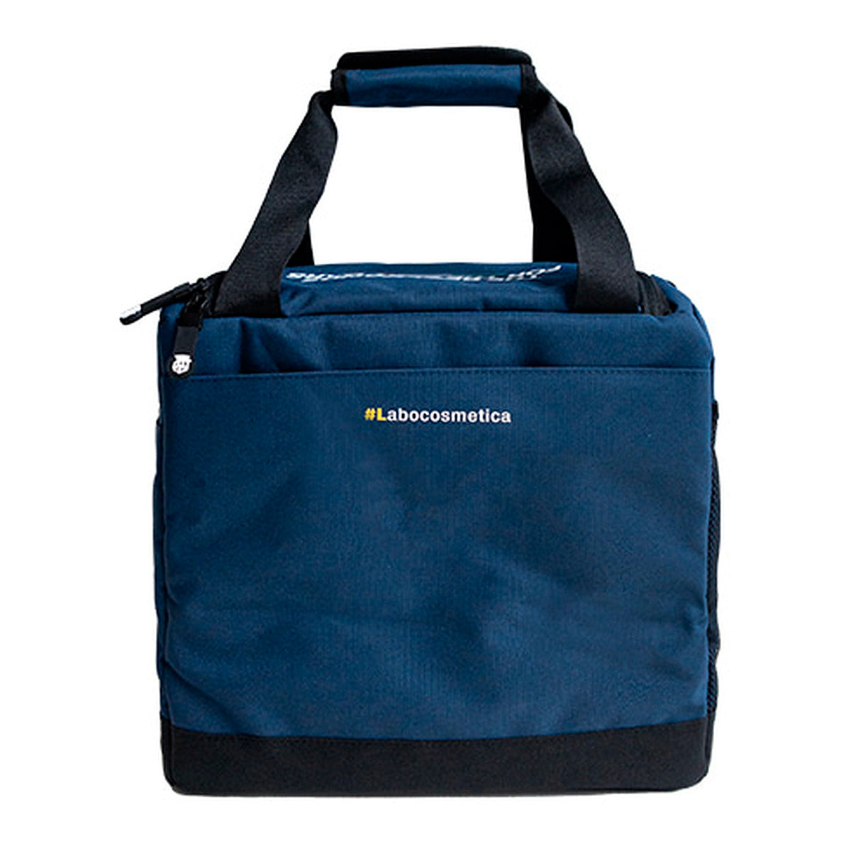 A navy blue insulated tote bag with black handles and a black bottom base, featuring the white text '#Labocosmetica' on the front, set against a plain white background.