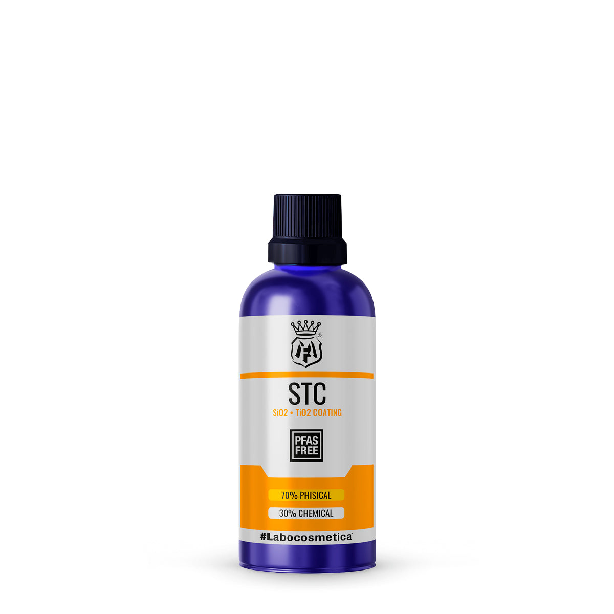 Bottle of STC product with a white label on a white background