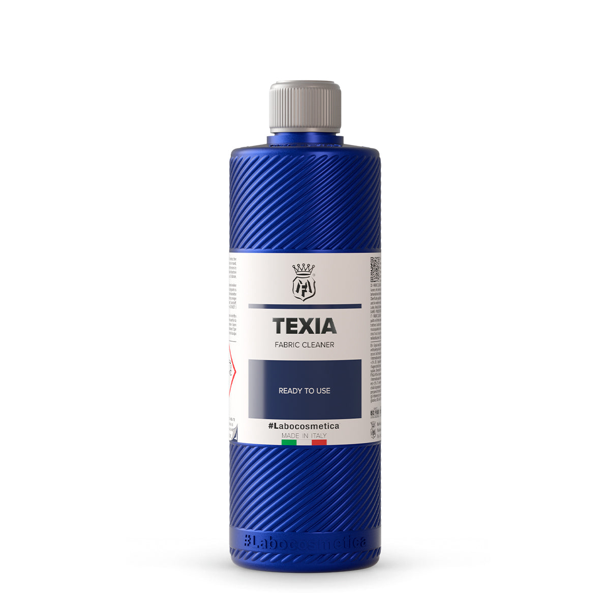 Blue bottle of Texia fabric cleaner on a white background