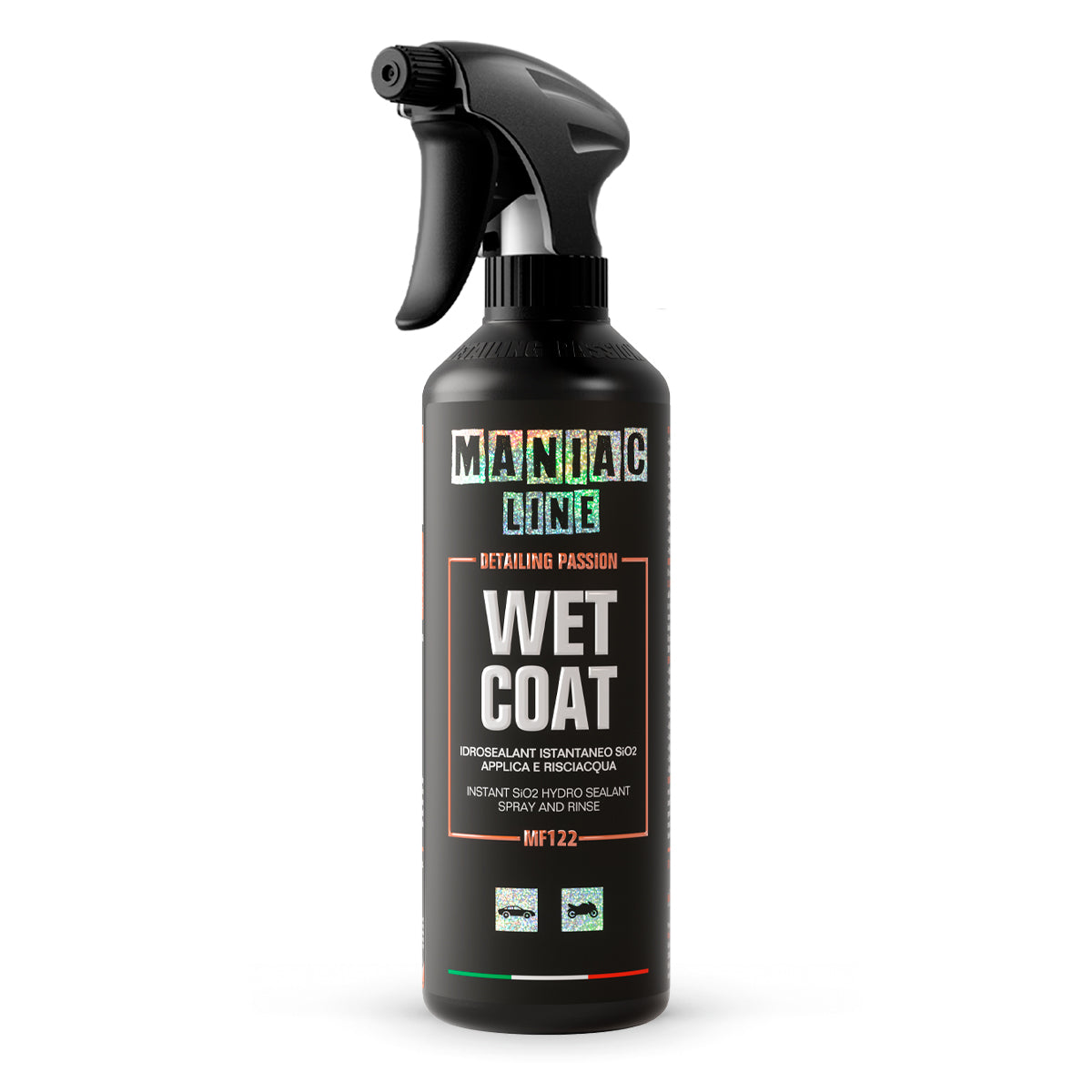 Black spray bottle labeled 'Wet Coat' by Maniac Line on a white background